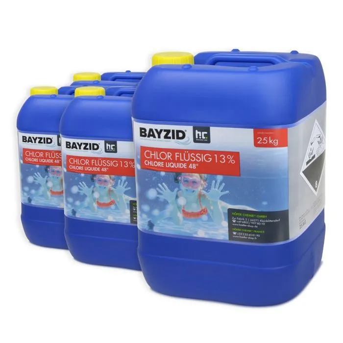Bayzid® Cloro Líquido 48° – Desinfectante rápido para piscinas – 4 botellas de 25 kg – 13-15% de cloro activo