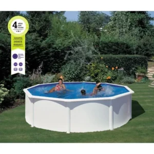 GRE – Kit de piscina redonda elevada de acero blanco de Ø480 x 132 cm (incluye filtro de arena y escalera)