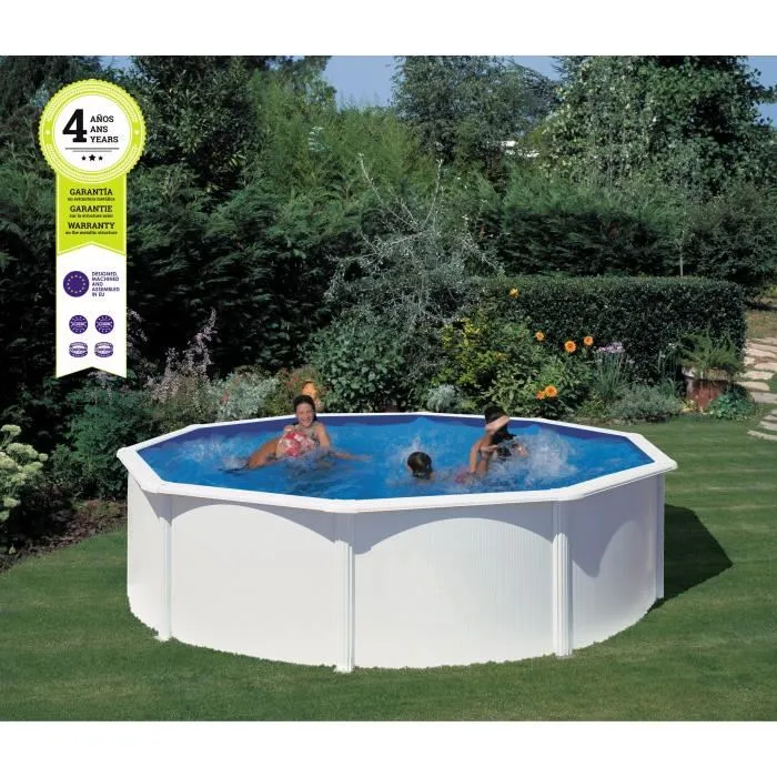GRE – Kit de piscina redonda elevada de acero blanco de Ø480 x 132 cm (incluye filtro de arena y escalera)